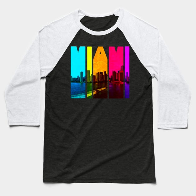 Retro Miami Florida Cityscape Skyline Baseball T-Shirt by phughes1980